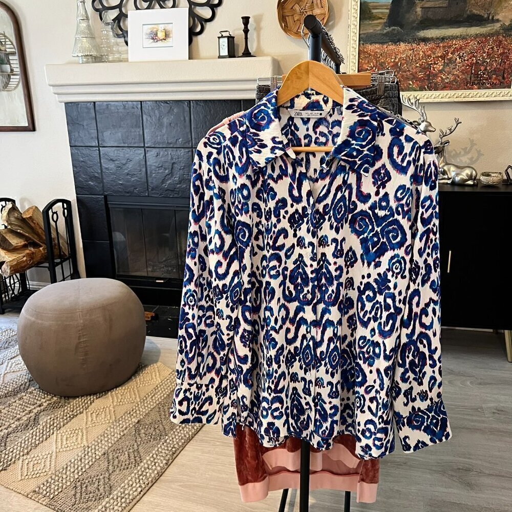 Zara Blouse Womens Size Large Tribal Puma Pattern Tunic Magali Shirt Colorful - Picture 14 of 14